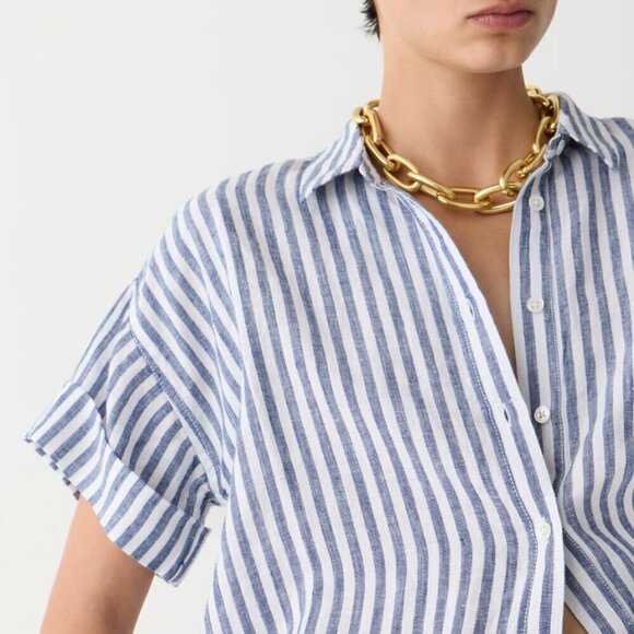 J Crew Capitaine Irish Linen Shirt Womens Large Blue Stripe Baird McNutt Relaxed - Picture 3 of 4